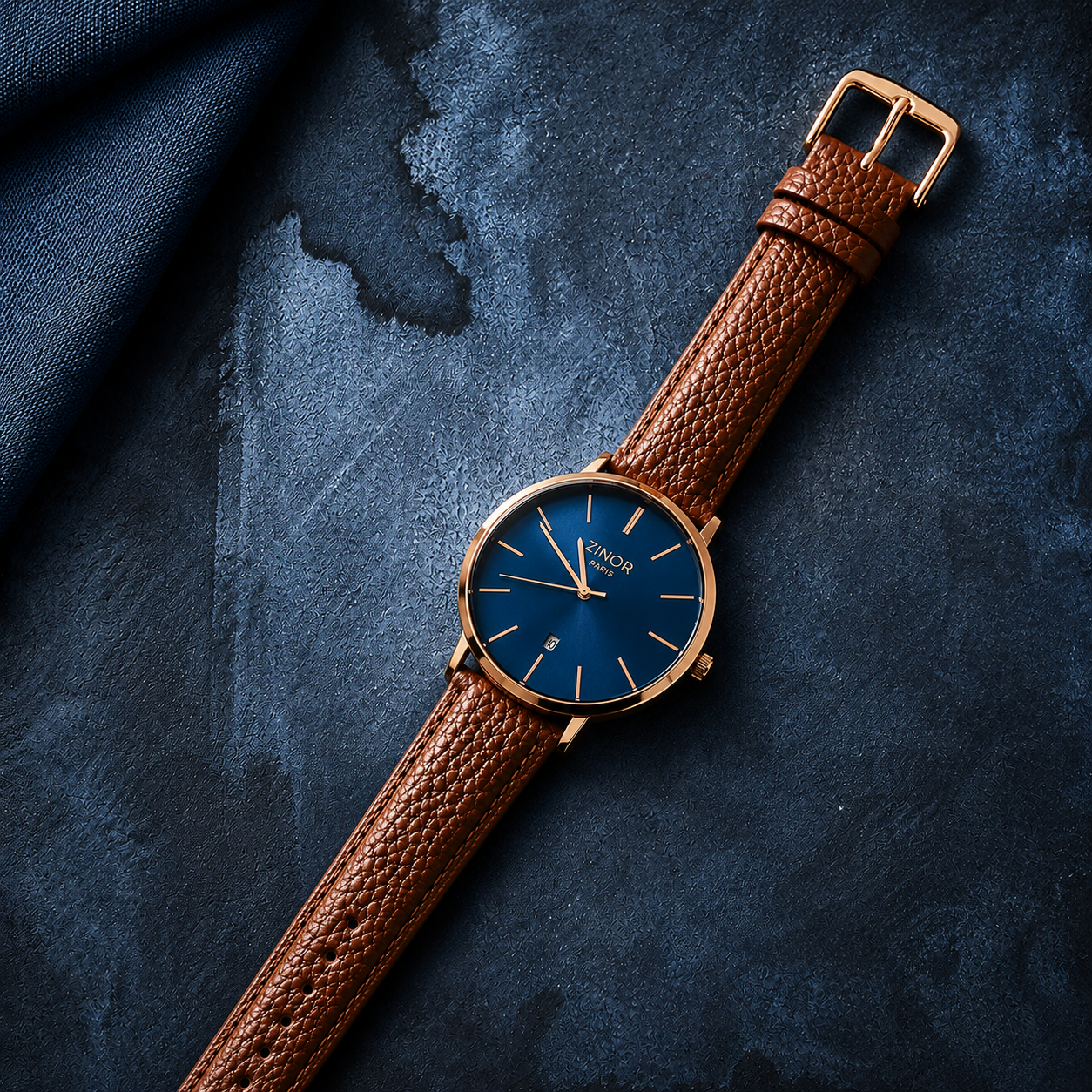 Montre ZINOR PARIS Élégance First Edition avec cadran bleu nuit et bracelet cuir cognac