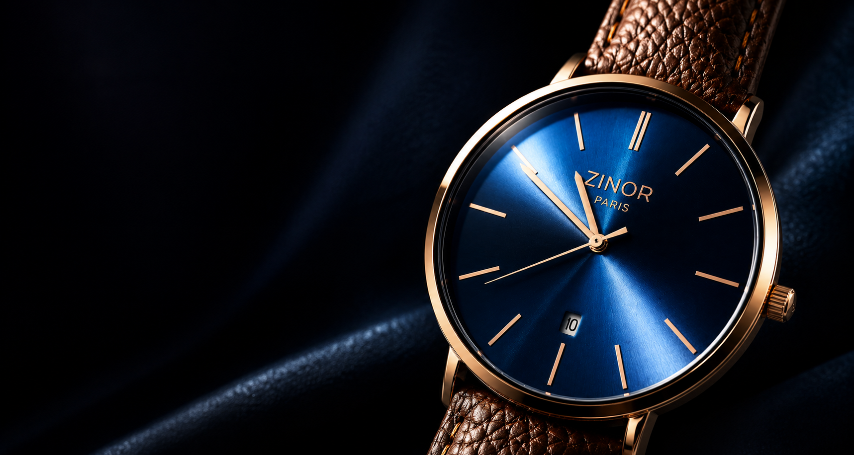 Montre ZINOR PARIS Élégance First Edition sur fond bleu nuit avec logo ZINOR PARIS