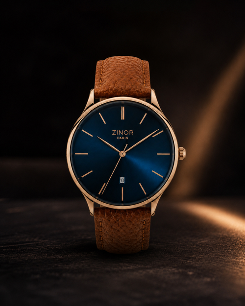 Montre ZINOR PARIS Élégance First Edition avec cadran bleu nuit, boîtier rose gold et bracelet cuir cognac