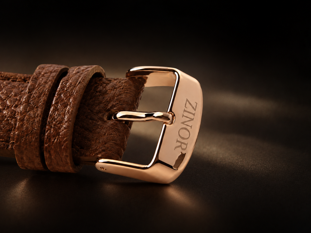 Bracelet cuir cognac et boucle ardillon gravée ZINOR de la montre Élégance First Edition