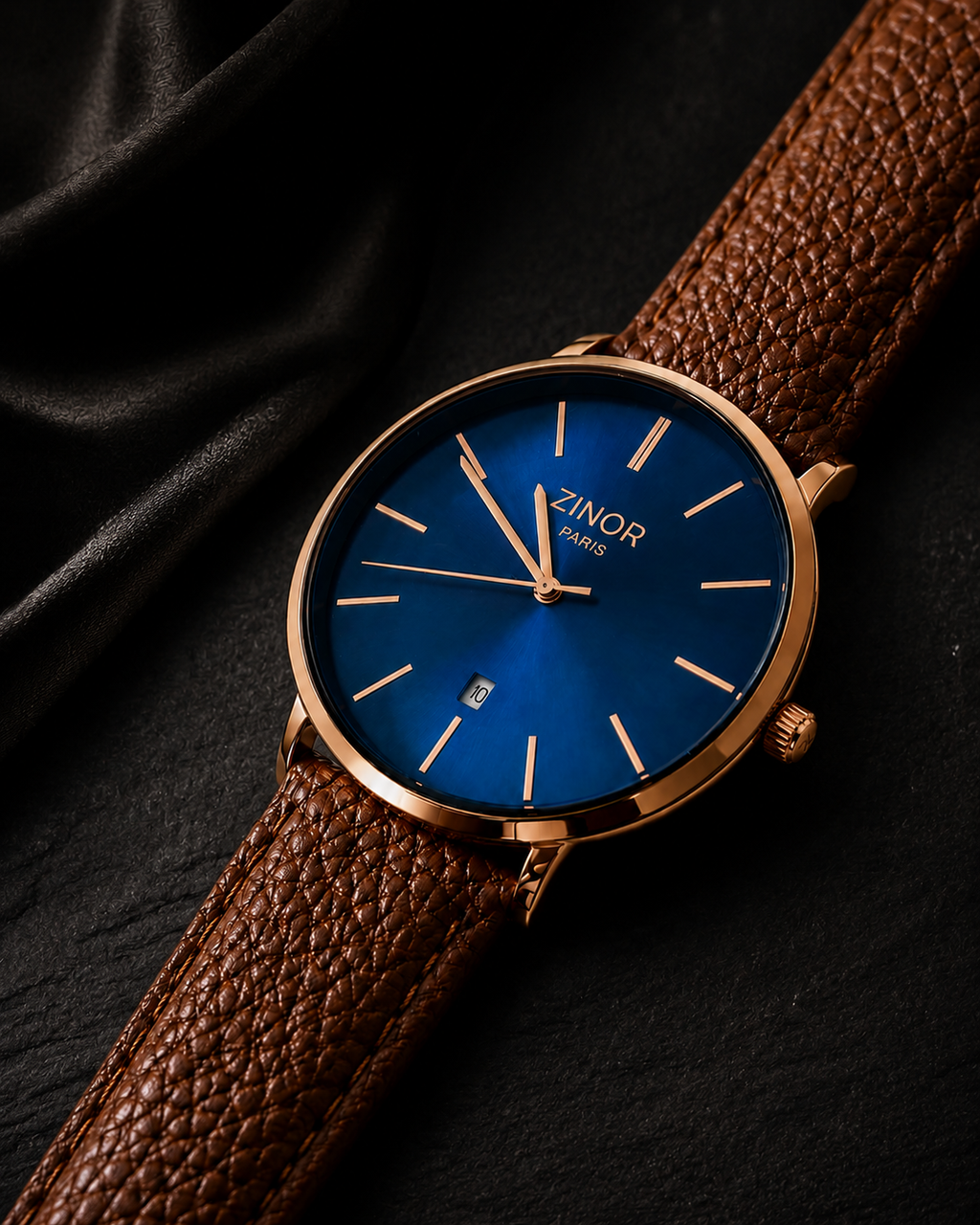 Détail du cadran bleu soleil de la montre ZINOR PARIS Élégance First Edition
