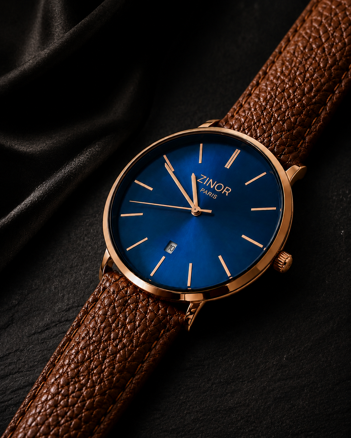 Détail du cadran bleu soleil de la montre ZINOR PARIS Élégance First Edition